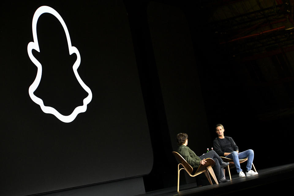 SANTA MONICA, CALIFORNIA - APRIL 19: (L-R) Kara Swisher and Evan Spiegel, CEO of Snap Inc. speaks onstage during the Snap Partner Summit 2023 at Barker Hangar on April 19, 2023 in Santa Monica, California. (Photo by Charley Gallay/Getty Images Snap, Inc.)