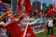 Pro-China supporters celebrate with champagne after China's parliament passes national security law for Hong Kong, in Hong Kong