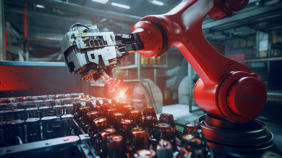 A high-speed robotic arm carefully packing aluminum cans into a cardboard carton.