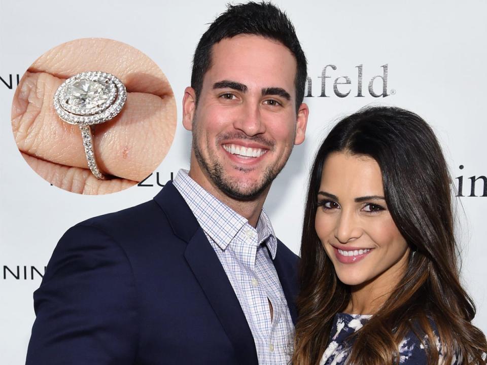 A photo of Josh Murray and Andi Dorfman with an inset of her engagement ring.