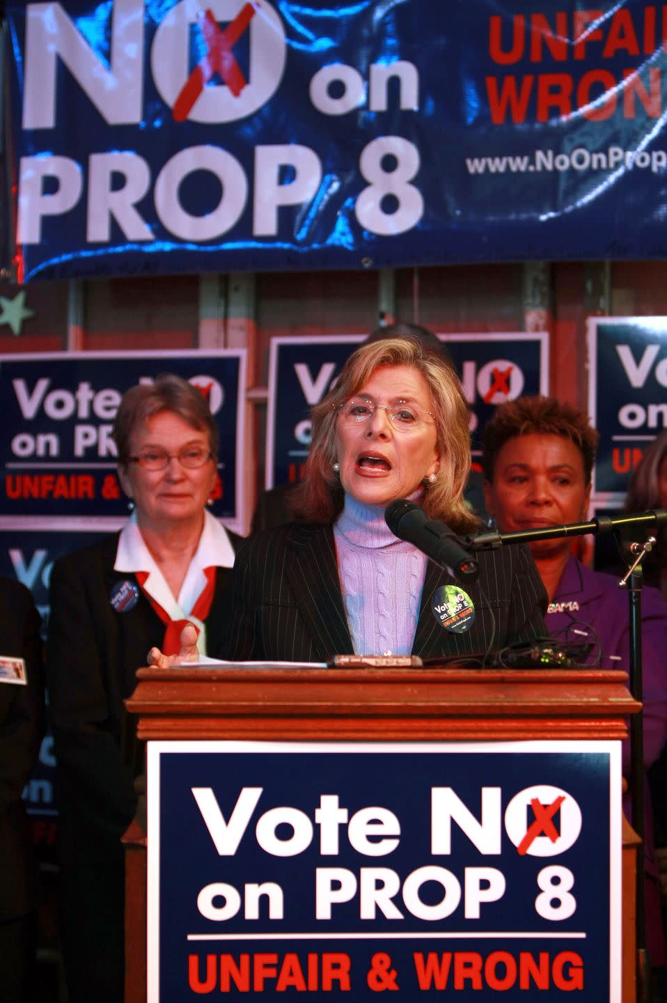 <p>Here, Senator Barbara Boxer speaks to crowds during a "No on Prop 8" rally in October 2008 in Oakland, California. The senator voiced her support for defeating Prop 8, which would change the California state constitution to legally recognize only marriages between men and women. </p><p>Only six months after marriage equality became law in the state via a decision from the Supreme Court, voters in California approved Proposition 8 at the polls, which banned same-sex couples from marrying. </p>