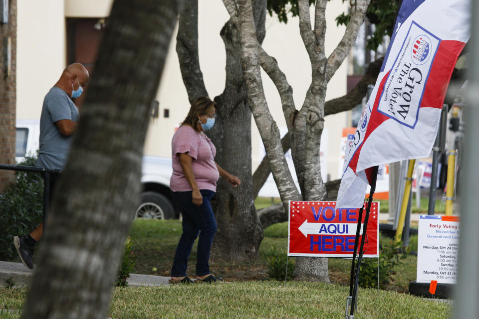 Signs direct voters into the polling location Friday, Oct. 28, 2022, during early voting for the Texas midterm elections in San Benito, Texas. (Denise Cathey/The Brownsville Herald via AP)