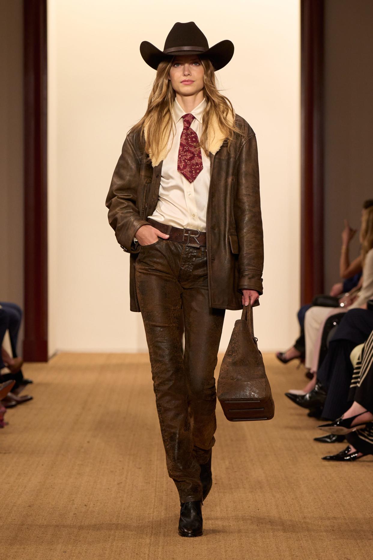 A model walks the runway at Ralph Lauren's fall/holiday 2024 show on April 29, 2024, in New York.