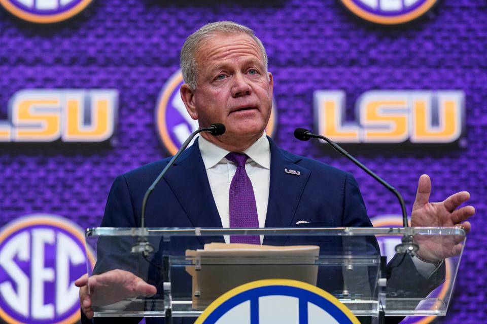 Jul 18, 2022; Atlanta, GA, USA; LSU Tigers head coach Brian Kelly speaks to the media  during SEC Media Days at the College Football Hall of Fame. Mandatory Credit: Dale Zanine-USA TODAY Sports