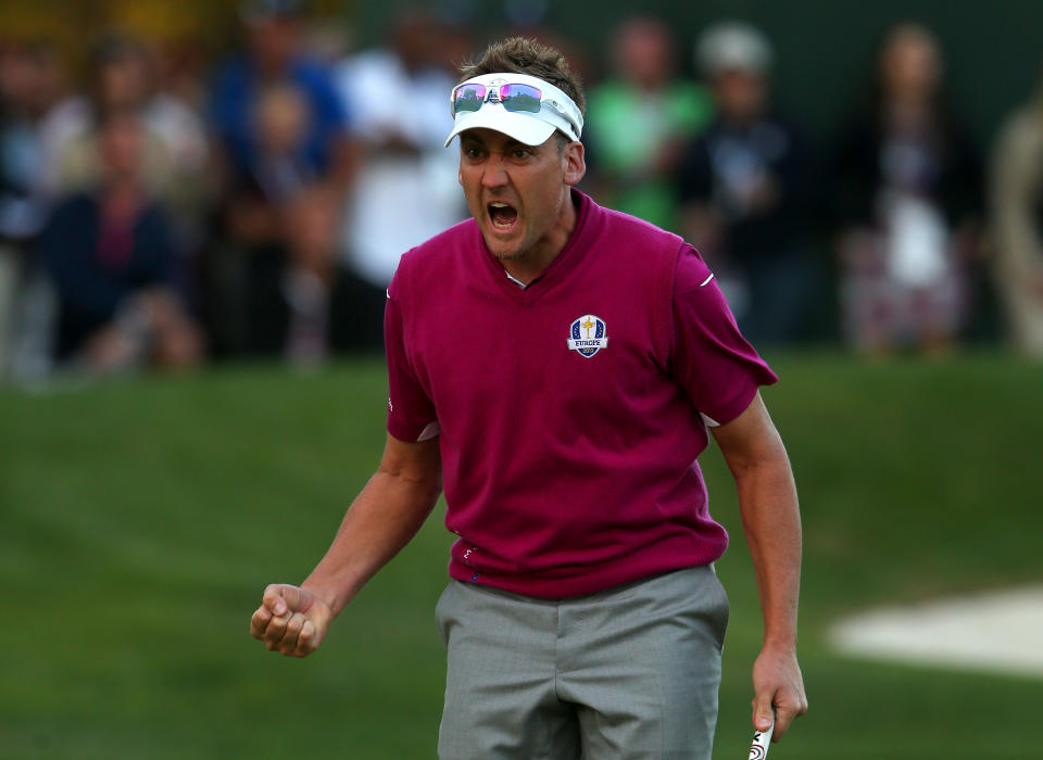 Ian Poulter of Europe celebrates after making birdie on the 16th green during day two of the Afternoon Four-Ball Matches for The 39th Ryder Cup at Medinah Country Club on September 29, 2012 in Medinah, Illinois. (Photo by Mike Ehrmann/Getty Images)