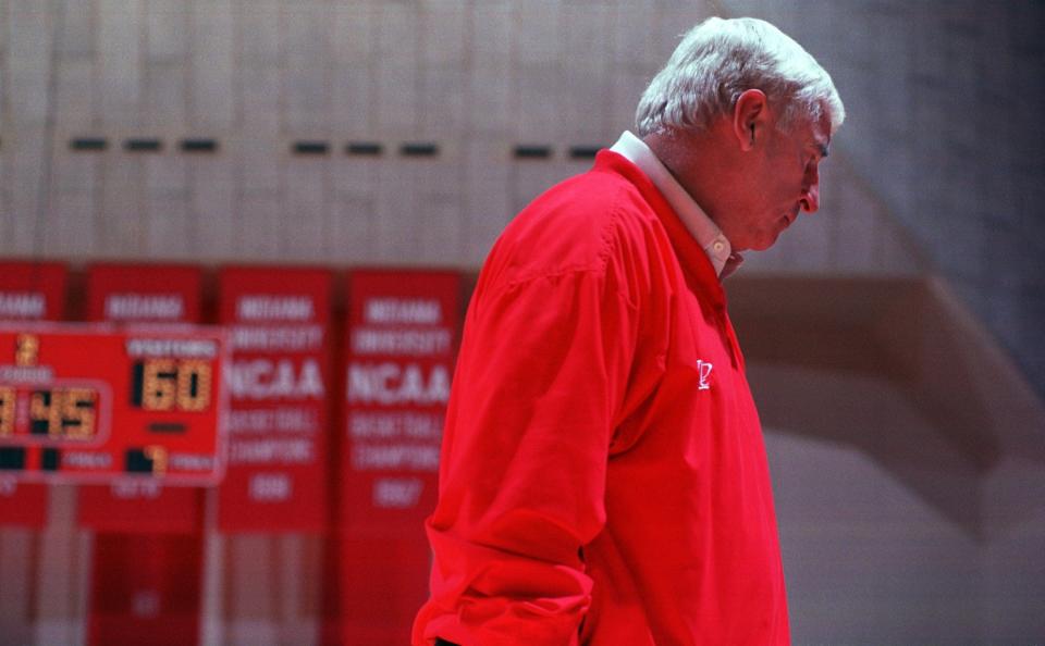 Bob Knight paces the sideline during a 1998 Hoosiers game at Assembly Hall.