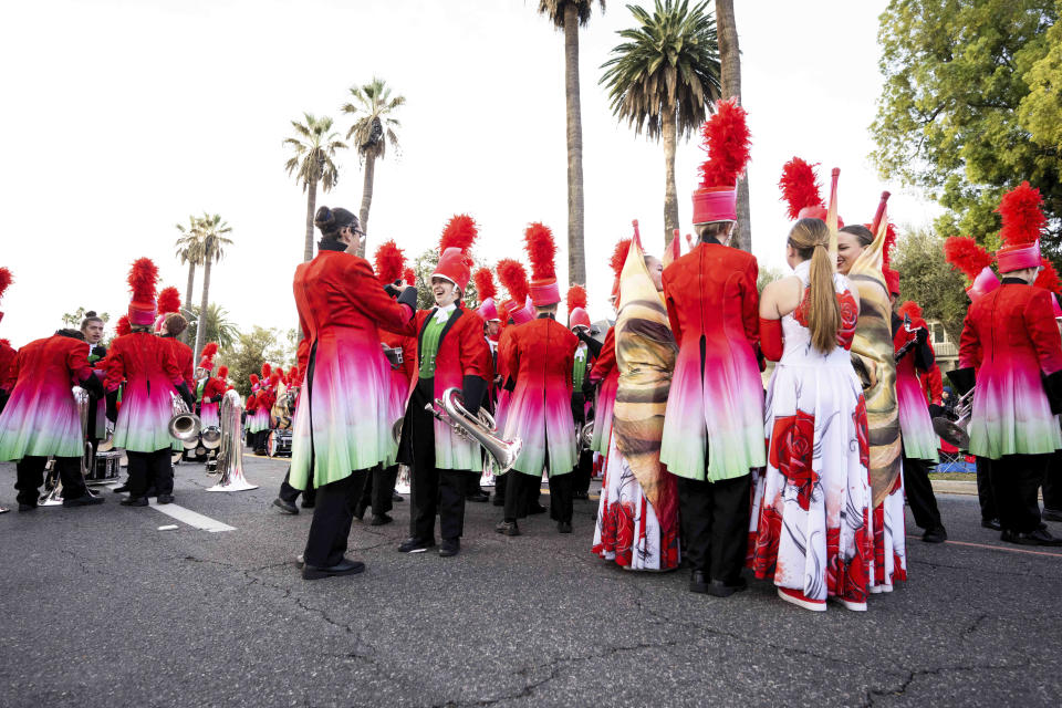 Rosemount High School Marching Band waits for the 134th Rose Parade to begin in Pasadena, Calif., Monday, Jan. 2, 2023. (Sarah Reingewirtz/The Orange County Register via AP)