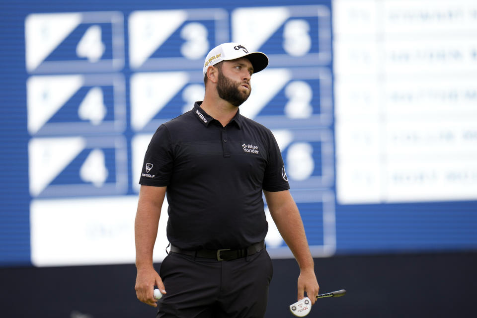 Jon Rahm, of Spain, reacts on the 15th hole during the first round of the U.S. Open golf tournament at The Country Club, Thursday, June 16, 2022, in Brookline, Mass. (AP Photo/Julio Cortez)