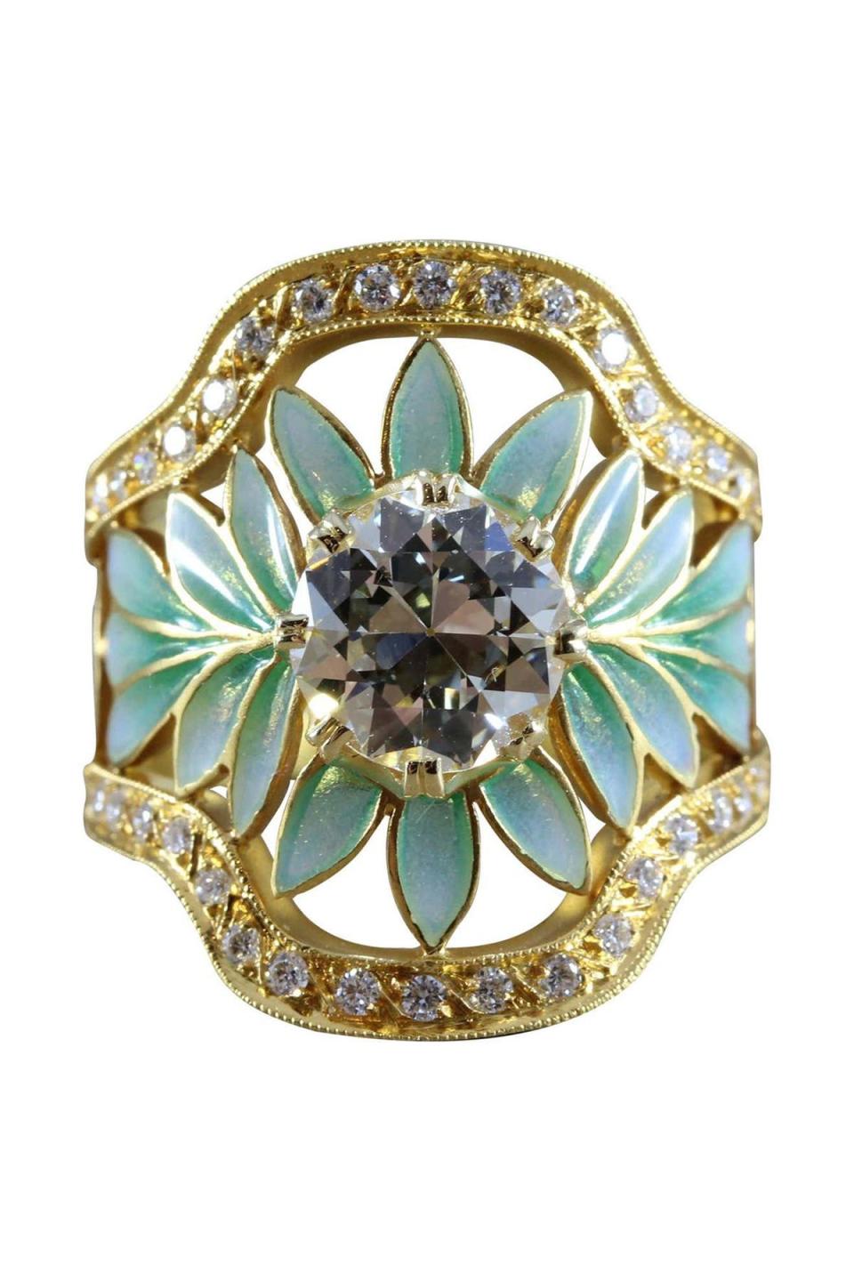 1) Masriera Diamond Enamel Plique-a-Jour Gold Engagement Ring