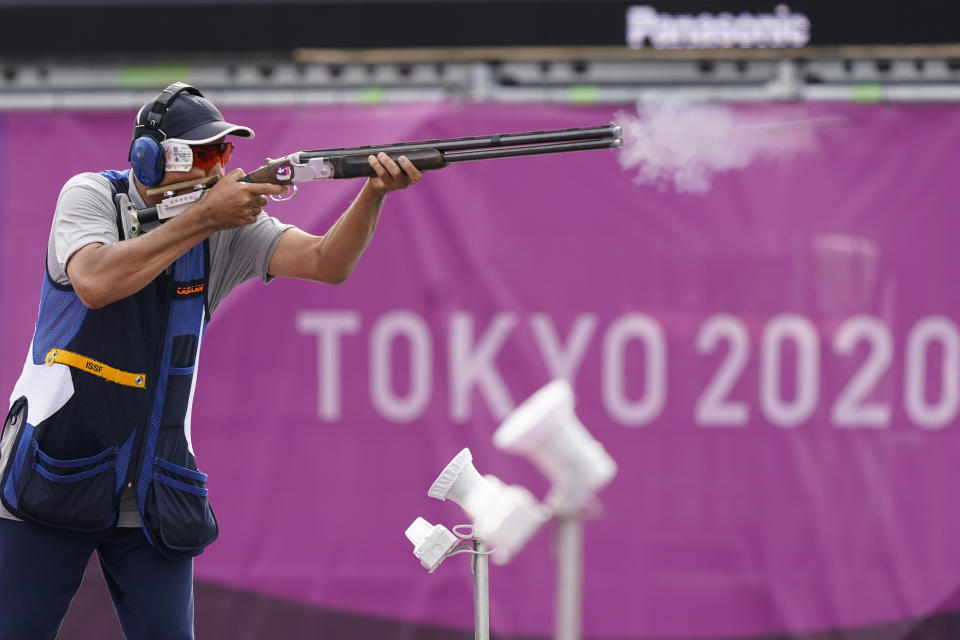 Abdullah Alrashidi, of Kuwait, competes in the men's skeet at the Asaka Shooting Range in the 2020 Summer Olympics, Monday, July 26, 2021, in Tokyo, Japan. Alrashidi went on to take the bronze medal. (AP Photo/Alex Brandon)