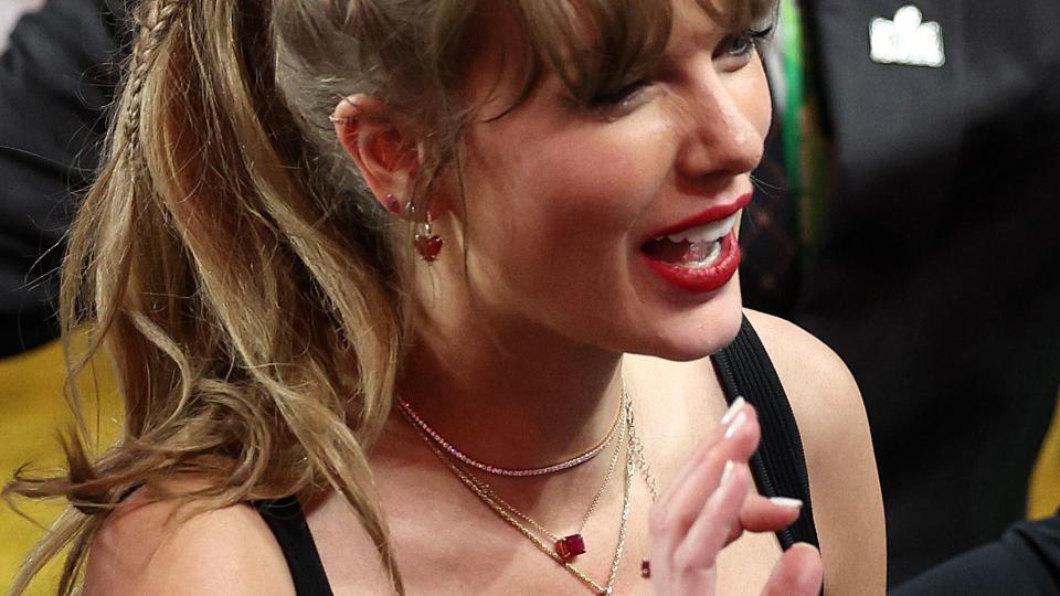 LAS VEGAS, NEVADA - FEBRUARY 11: Singer Taylor Swift reacts after the Kansas City Chiefs defeat the San Francisco 49ers 25-22 in overtime during Super Bowl LVIII at Allegiant Stadium on February 11, 2024 in Las Vegas, Nevada. (Photo by Harry How/Getty Images)