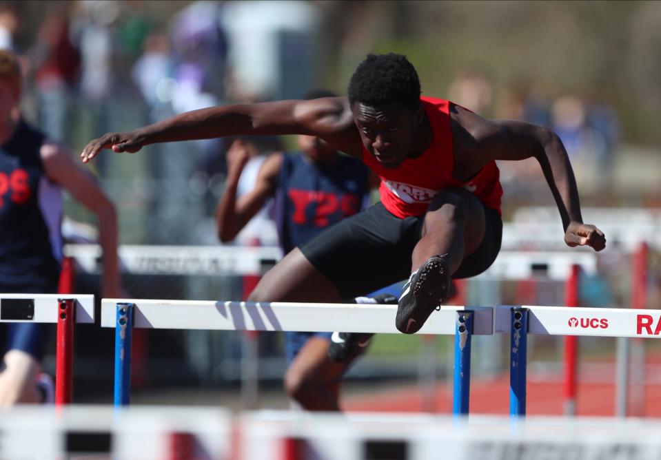 North Rockland's David Joseph runs in the 110-meter hurdles at the 34th annual Red Raider Relay's at North Rockland High School in Thiells on Friday, April 22, 2022.