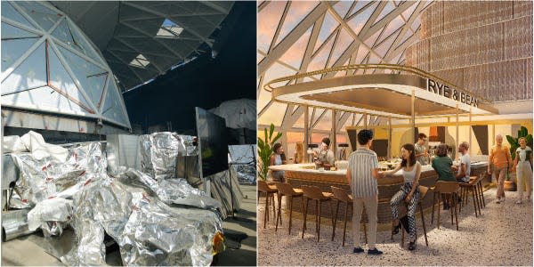 A collage of the Royal Caribbean Icon of the Seas Aqua Dome under construction compared to renderings of the venue