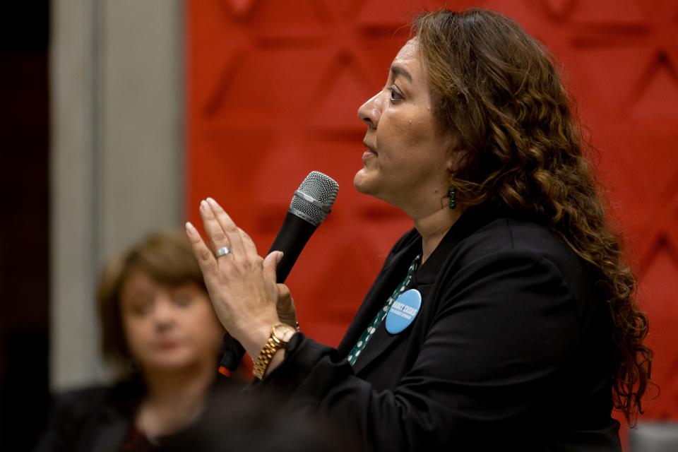 Former assistant district attorney Nancy Casas answers a question at the El Paso Chamber’s forum on Jan. 18, 2024, for candidates seeking the district attorney seat in the upcoming election.