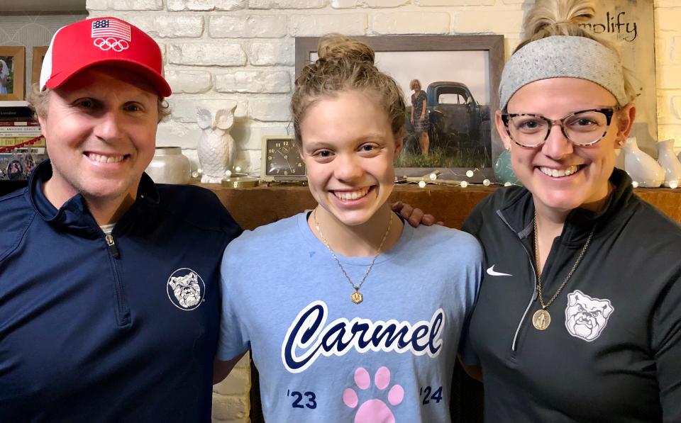 Molly Sweeney (center) is the daughter of Joy (Aschenbrenner) and Casey Sweeney, both soccer players who belong to Butler University’s hall of fame.