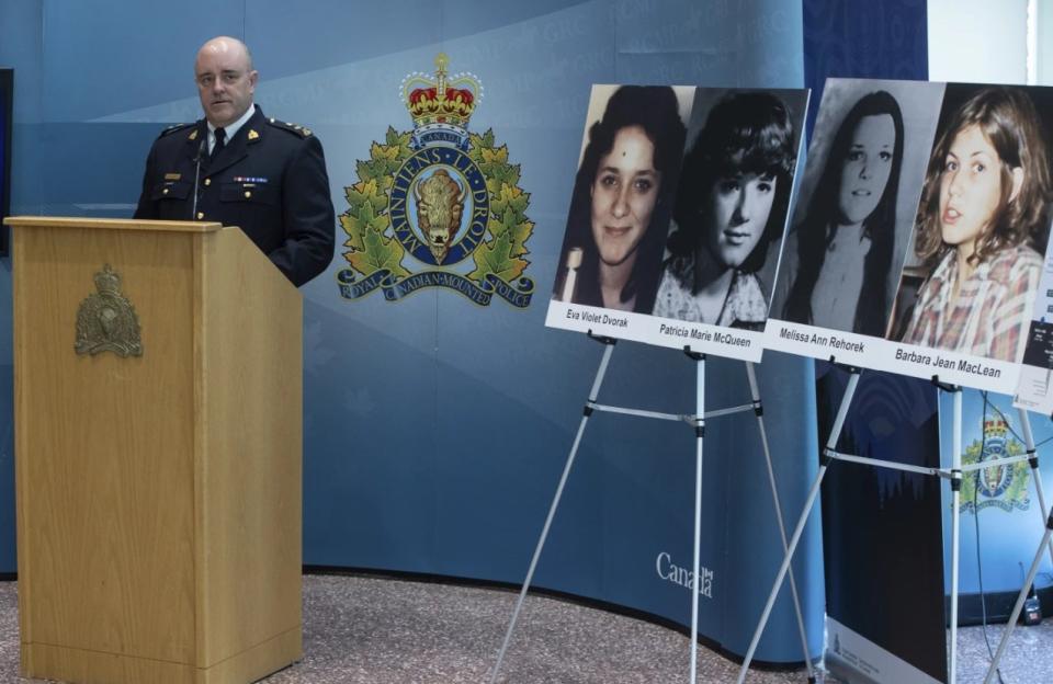 RCMP Superintendent of serious serious crimes branch, David Hall, speaks about Alberta RCMP linking four historical homicides to deceased serial killer Gary Allen Srery during a press conference in Edmonton, Friday, May, 17, 2024.