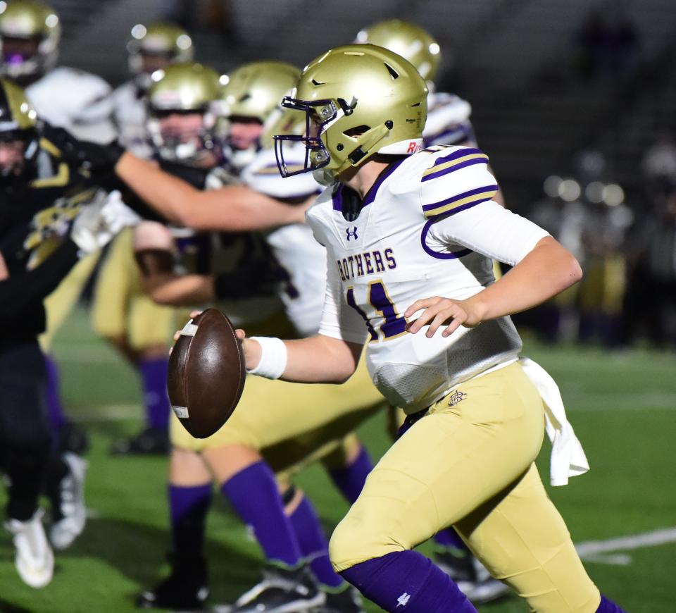 Syracuse Christian Brothers Academy quarterback Porter Matt threw five touchdowns in a 49-40 win over Corning in football Sept. 15, 2023 at Corning Memorial Stadium.