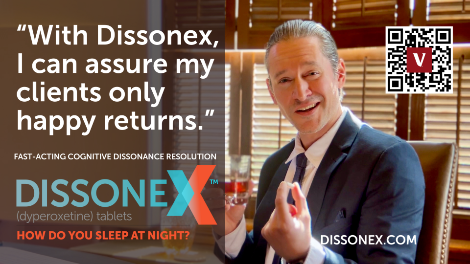 A fake ad featured on the spoof website promoting "Dissonex," a pill with the tagline "how do you sleep at night?"