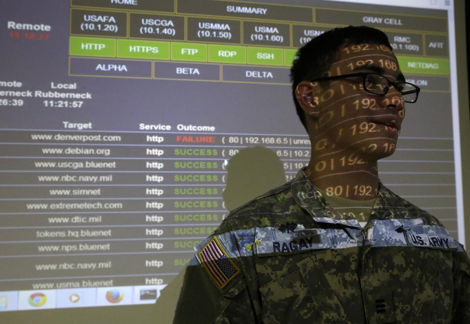 United States Military Academy cadet Kiefer Ragay stands in a projection of data results, as he talks to fellow cadets at the Cyber Research Center at the United States Military Academy in West Point, N.Y., Wednesday, April 9, 2014. The West Point cadets are fending off cyber attacks this week as part of an exercise involving all the service academies. The annual Cyber Defense Exercise requires teams from the five service academies to create computer networks that can withstand attacks from the National Security Agency and the Department of Defense. (AP Photo/Mel Evans)