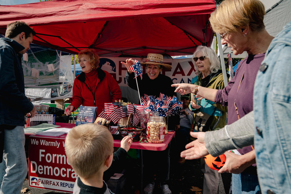 The Fairfax County Republican Committee promoted school board candidates at the Clifton Day Festival in Clifton, Va., on Oct. 8. (Shuran Huang for NBC News)