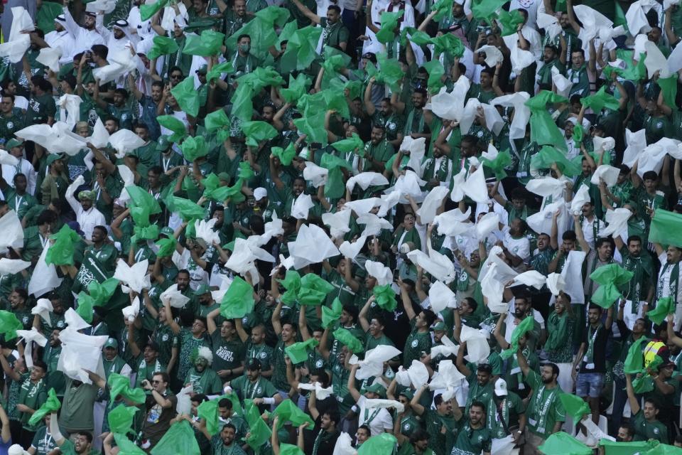 Saudi Arabia fans cheer for their team during the World Cup group C soccer match between Poland and Saudi Arabia, at the Education City Stadium in Al Rayyan , Qatar, Saturday, Nov. 26, 2022. (AP Photo/Themba Hadebe)