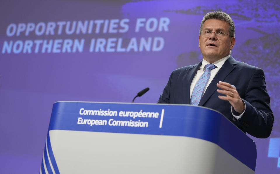 European Commissioner for Inter-institutional Relations and Foresight Maros Sefcovic speaks during a media conference regarding trade and Northern Ireland at EU headquarters in Brussels, Wednesday, Oct. 13, 2021. (AP Photo/Virginia Mayo)