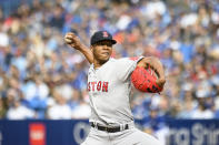 Boston Red Sox starting pitcher Brayan Bello throws during the first inning of a baseball game against the Toronto Blue Jays in Toronto on Saturday, Oct. 1, 2022. (Christopher Katsarov/The Canadian Press via AP)