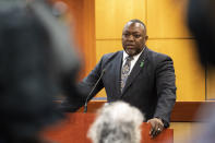 Newport News Superintendent George Parker answers questions regarding a teacher being shot by an armed 6-year-old at Richneck Elementary School during a press conference at the Newport News Public Schools Administration Building in Newport News, Va., on Monday, Jan. 9, 2023. (Billy Schuerman/The Virginian-Pilot via AP)
