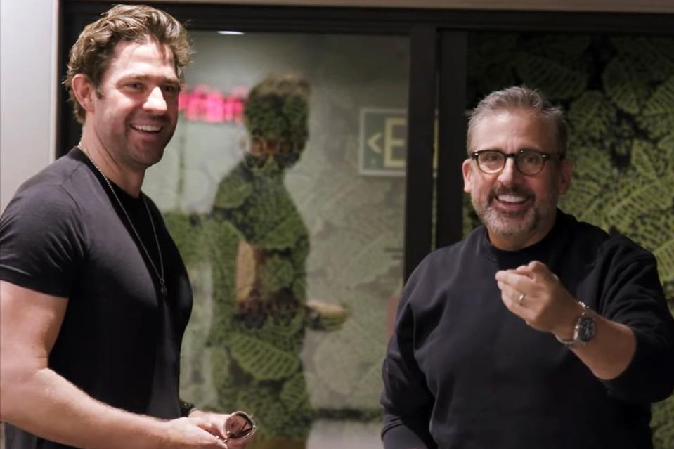 <p>Paramount Pictures/YouTube</p> John Krasinski and Steve Carell behind-the-scenes of 
