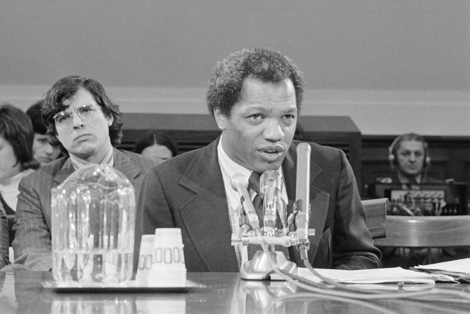Caldwell on Feb. 5, 1973 is shown testifying before a House Judiciary subcommittee that constitutional guarantees of a free press were gravely damaged by a Supreme Court ruling and that reporters may be required to reveal certain information gained in confidence.<span class="copyright">Bettmann Archive/Getty Images</span>