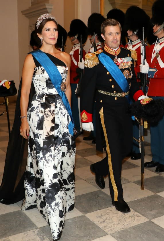 <p>Crown Princess Mary and Crown Prince Frederik of Denmark arrive at the state dinner at Christiansborg Palace in Copenhagen. Source: Getty </p>