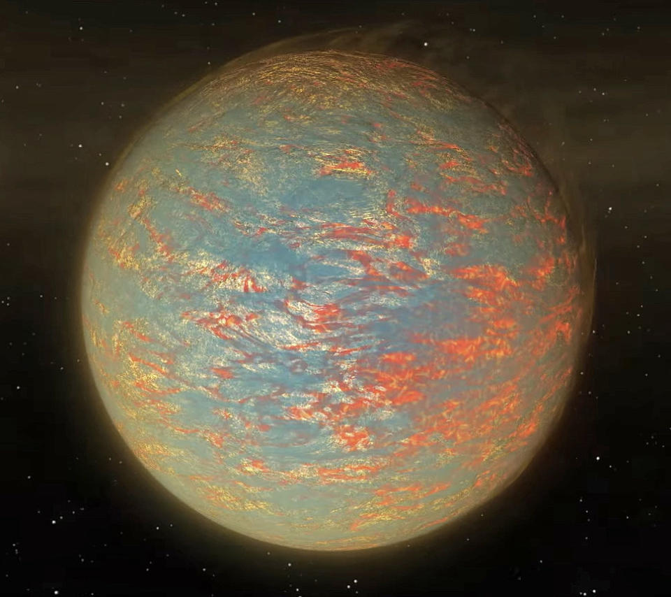In March 2016, NASA announced the discovery of a lava-loaded super-Earth called 55 Cancri e -- twice the size of our own planet but eight times as dense. It's so close to its star that a year lasts only 18 hours. Just 40 light-years away, 55 Cancri e may also be tidally locked to its sun the way the moon is to Earth. This artist's impression shows 55 Cancri e orbiting its parent star.