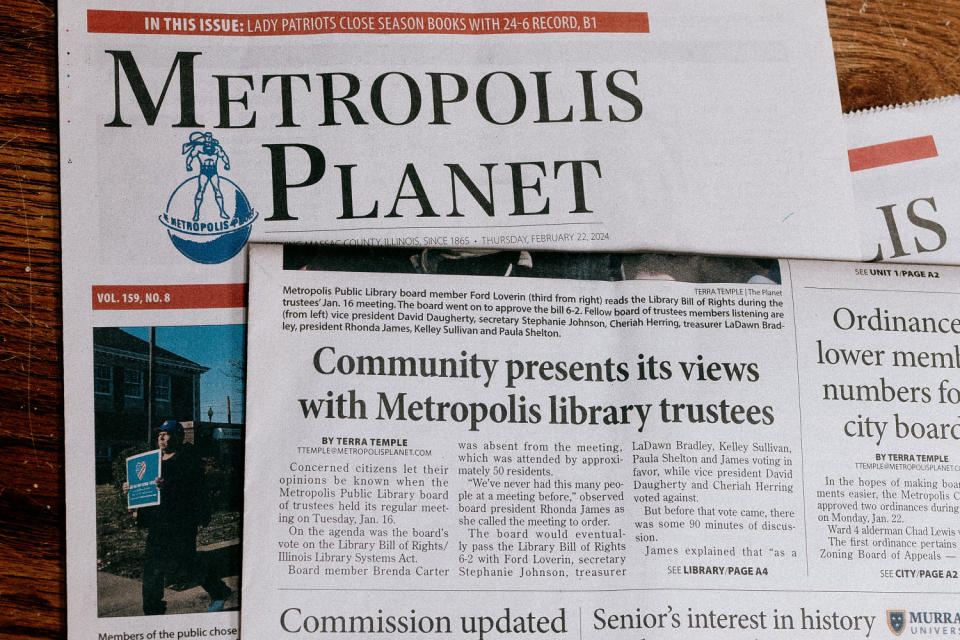 The banner of the Metropolis Planet features an image of Superman. (Bryan Birks for NBC News)