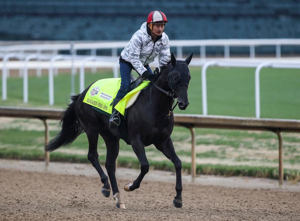 Kentucky Derby contender Mandarin Hero from Japan works out Saturday, April 29, 2023, the week before the Derby at Churchill Downs in Louisville, Ky. 