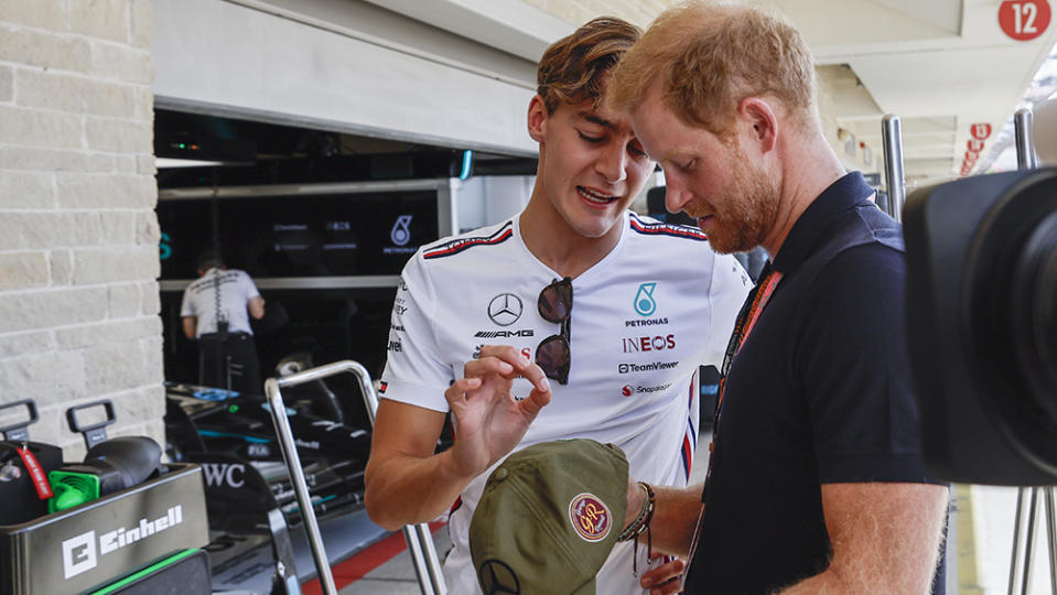 Mercedes driver George Russell speaks to Prince Harry, at the F1 Grand Prix of United States