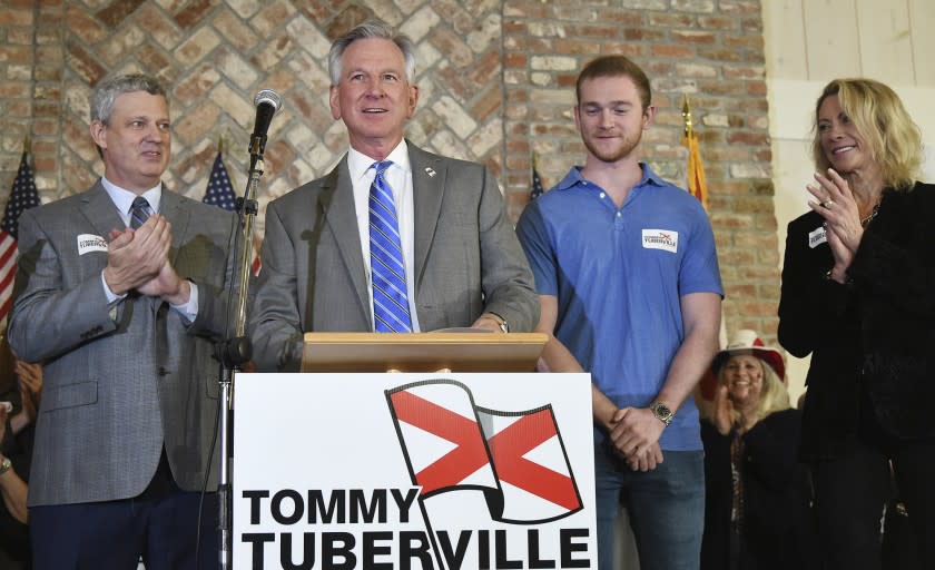 Alabama U.S. Senate candidate Tommy Tuberville speaks to his supporters at Auburn Oaks Farm in Notasulga, Ala., Monday, March 3, 2020. He is in a close battle with Jeff Sessions and Bradley Byrne. (Joe Songer/AL.com. via AP)