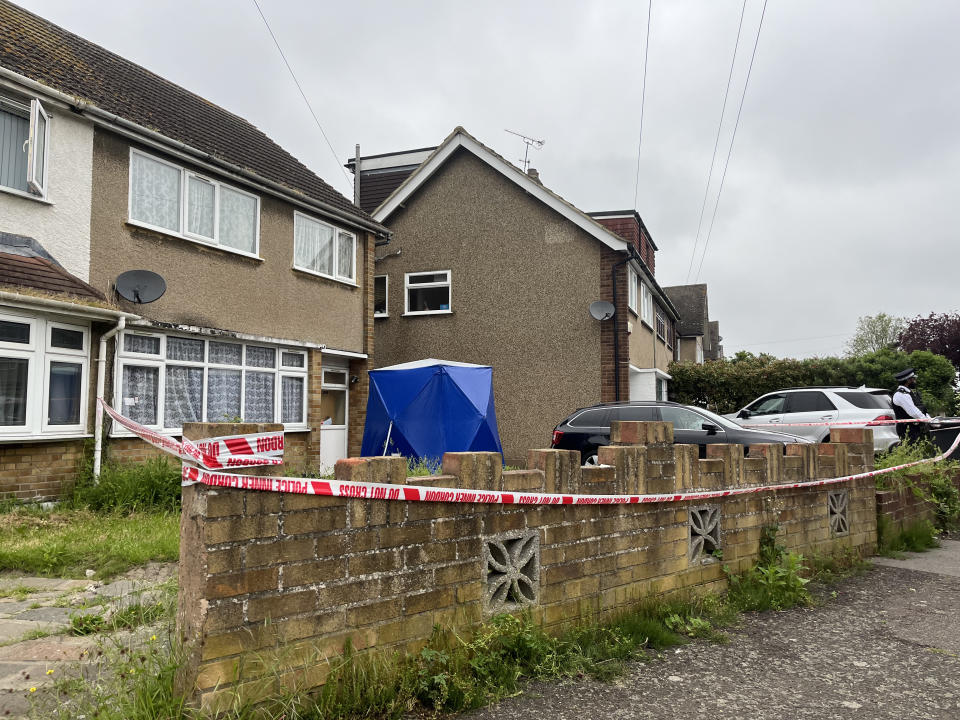A police cordon in Cornwall Close, Hornchurch, east London, where a dog owner has been mauled to death by her two registered XL Bullies. (PA)