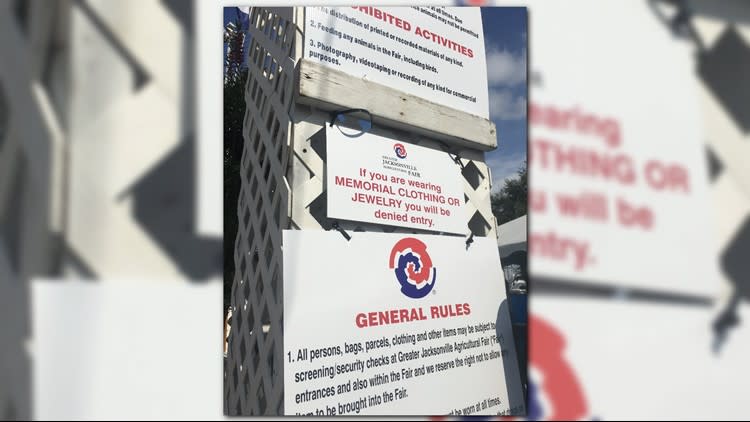 Hours later, a dress code sign appeared at the entrance, but a spokeswoman for the fair says the sign was posted earlier but had been taken down for a couple of hours so that it could be read to Amy Donofrio, an advocate for the teen, when she called. (Photo: Firstcoastnews.com)