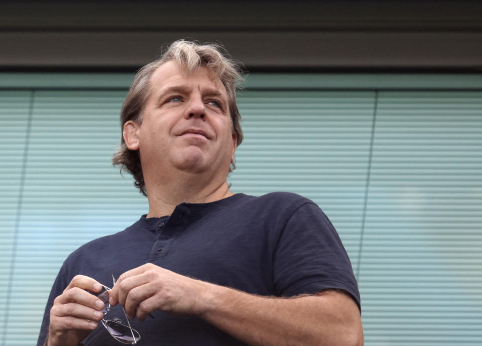 FILE - Chelsea owner Todd Boehly looks out from the stands before the English Premier League soccer match between Chelsea and Leicester City at Stamford Bridge Stadium in London on Aug. 27, 2022. Boehly, who also owns the Beverly Hilton, is the owner of the Golden Globe Awards. The 80th annual Golden Globe Awards will take place on Tuesday, Jan. 10. (AP Photo/David Cliff, File)