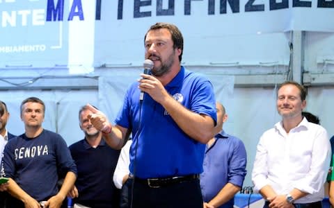 Italian Deputy Premier and Interior Minister, Matteo Salvini, speaks at a Lega party's meeting in Pinzolo, Italy, Saturday - Credit:  Daniele Panato/ ANSA