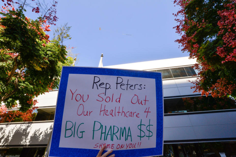 Protect Our Care Flies a plane banner over San Diego urging Rep. Scott Peters to support lowering drug prices on Oct. 14.<span class="copyright">Jerod Harris—Getty Images/Protect Our Care</span>