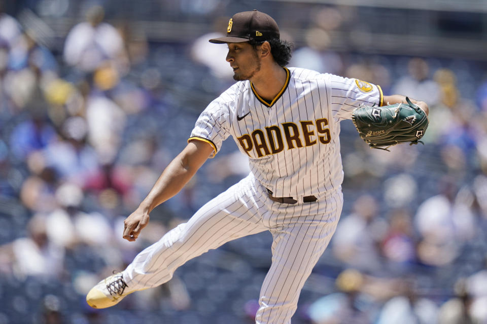 San Diego Padres starting pitcher Yu Darvish works against a Chicago Cubs batter during the first inning of a baseball game Wednesday, June 9, 2021, in San Diego. (AP Photo/Gregory Bull)