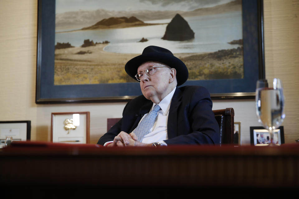 Former U.S. Sen. Harry Reid listens during an interview Wednesday, Feb. 19, 2020, in Las Vegas. (AP Photo/John Locher)