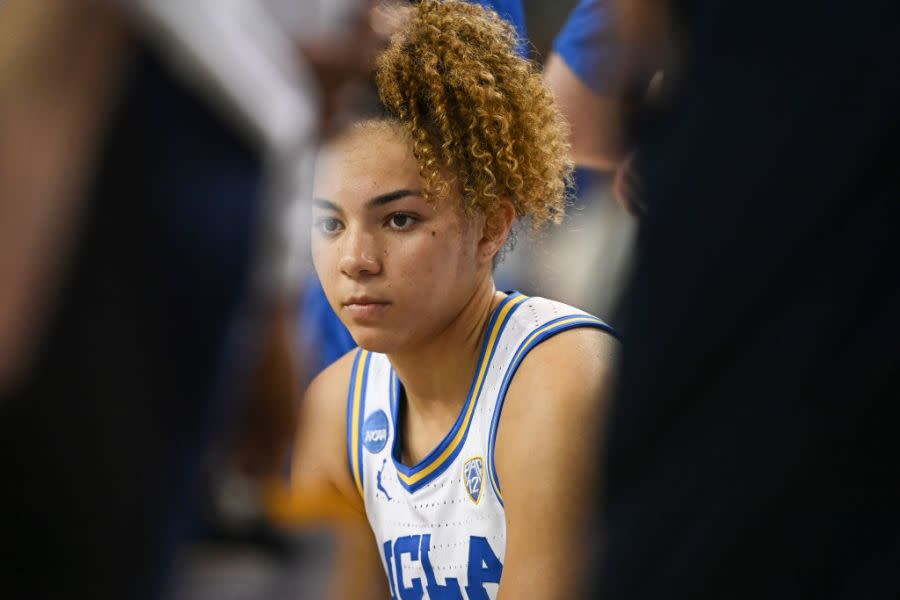 LOS ANGELES, CALIFORNIA – MARCH 25: Kiki Rice #1 of the UCLA Bruins listens in a huddle while playing the Creighton Bluejays during the second round of the 2024 NCAA Women’s Basketball Tournament held at UCLA Pauley Pavilion on March 25, 2024 in Los Angeles, California. (Photo by John W. McDonough/NCAA Photos via Getty Images)