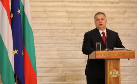 FILE PHOTO: Hungarian Prime Minister Viktor Orban speaks during a joint news conference with Bulgaria's Prime Minister Boyko Borissov in Sofia, Bulgaria, February 19, 2018. REUTERS/Stoyan Nenov