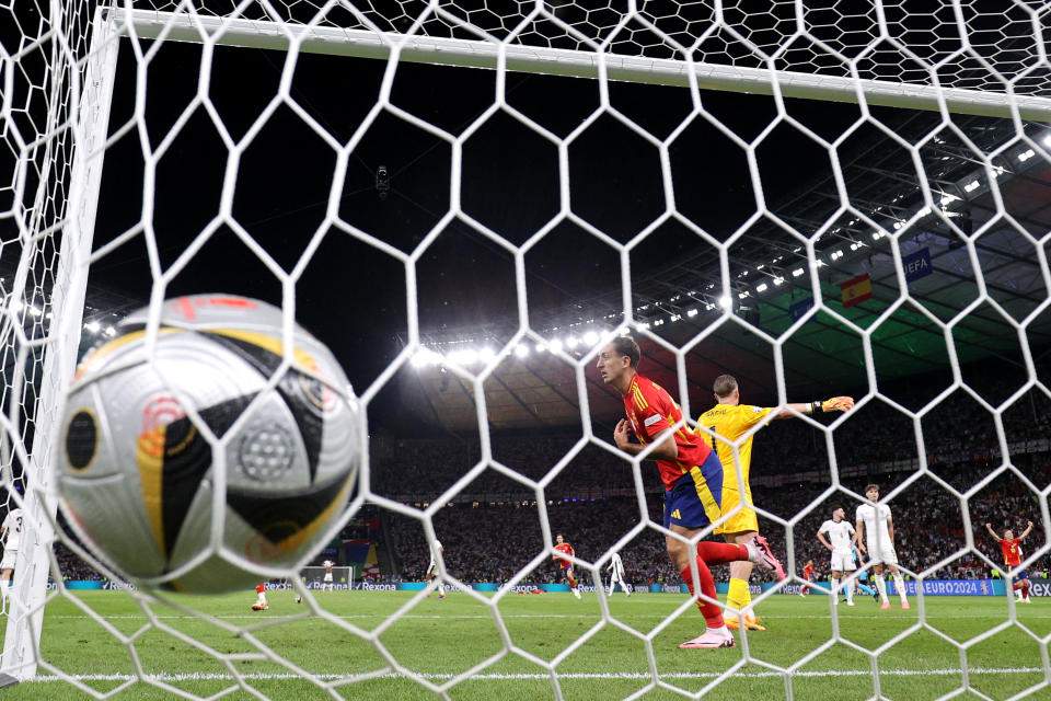 Spain's midfielder #21 Mikel Oyarzabal celebrates scoring his team's second goal during the UEFA Euro 2024 final football match between Spain and England at the Olympiastadion in Berlin on July 14, 2024. (Photo by ADRIAN DENNIS / AFP) (Photo by ADRIAN DENNIS/AFP via Getty Images)