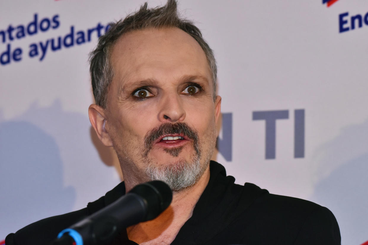 Miguel Bosé talks during a press conference to launch the short film ' Sin Ti ' at St. Regis Hotel on May 03, 2019 in Mexico City, Mexico (Photo by Carlos Tischler/NurPhoto via Getty Images)