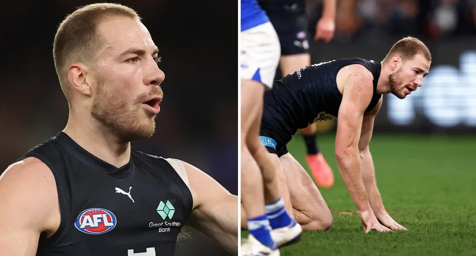 Pictured here is a dazed Harry McKay for Carlton during the win over North Melbourne.