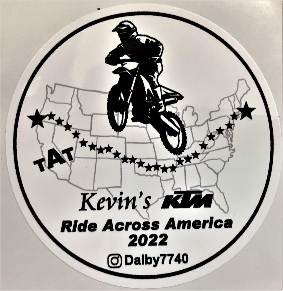 Retired Duxbury Fire Chief Kevin Nord had stickers made up for friends and colleagues to follow his motorcycle ride across America in August 2022 with his Instagram address at the bottom. He will be filing daily reports.