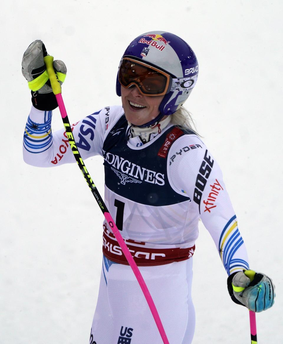 United States' Lindsey Vonn gets to the finish area during the downhill portion of the women's combined at the alpine ski World Championships in Are, Sweden, Friday, Feb. 8, 2019. (AP Photo/Giovanni Auletta)